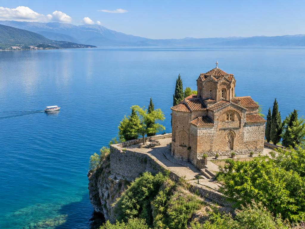 Lago de Ohrid y la iglesia de San Juan de Kaneo